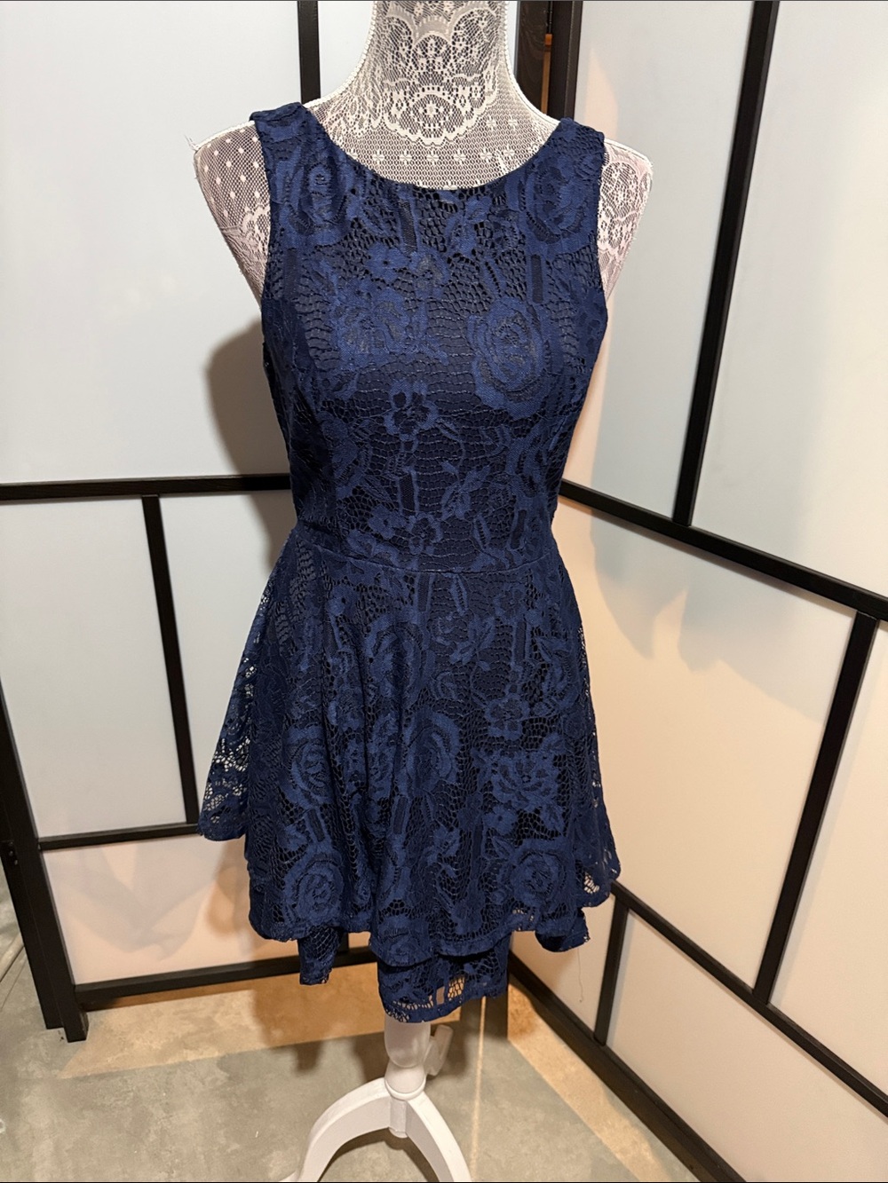 Speechless Navy Floral Lace Fit & Flare Mini Dress